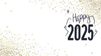 Elegant New Year celebration with golden confetti on a white background, featuring the greeting "Happy New Year" in black, alongside the year "2025" below.