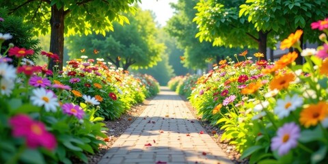 Obraz premium Serene brick pathway bordered by vibrant blooming flowers and fluttering butterflies on a sunlit day
