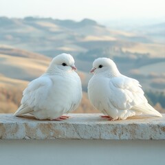 Fototapeta premium Gentle doves sit with countryside background suggesting beauty, peace, romance, and companionship themes.