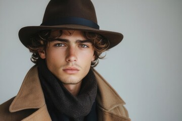 Fototapeta premium fashionable male model showcasing contemporary clothing against a minimalist studio backdrop, emphasizing modern style and individuality in a striking composition