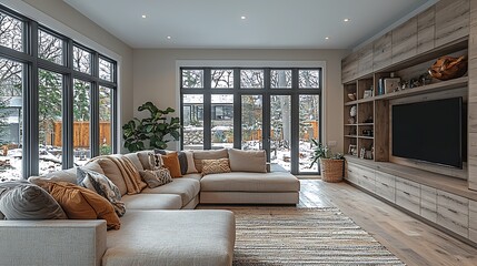 Fototapeta premium Modern Living Room Interior Design with Large Windows Sectional Sofa
