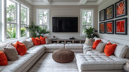 Modern Sectional Sofa in Sunlit Living Room with Large TV