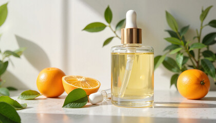 Skincare serum bottle with oranges and leaves on marble background