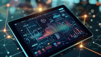 A tablet with glowing graphs and charts showing growth, digital trends, and online marketing insights in a modern workspace