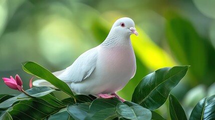 Obraz premium White pigeon perched on green leaves.