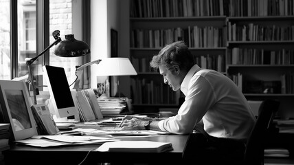 Focused Man Working at a Desk in Black and White