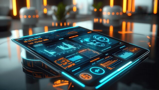 A tablet showing a digital financial strategy dashboard, featuring market data and graphs in a holographic interface, surrounded by glowing blue and orange accents in a modern corporate setting