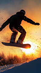 Snowboarder Jumping at Sunset