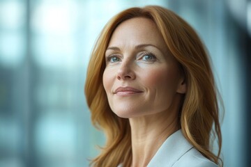 Happy mature business woman leader standing in office looking away. Smiling confident older middle aged professional lady corporate leader, senior female executive or entrepreneur, Generative AI