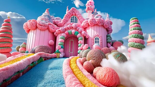 A dreamy pastel fortress adorned with candy-like turrets beckons in a fluffy cloud realm. Concept of delightful escape, fairytale architecture, and enchanting sugar-laden visuals.