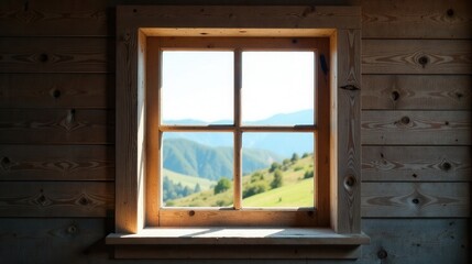 Fototapeta premium Rustic Cabin Window Offering Panoramic View of Rolling Green Hills and Distant Mountains Under a Bright Sunny Sky