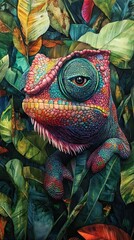 Obraz premium A Vibrant Chameleon Hidden Amongst Lush Tropical Foliage