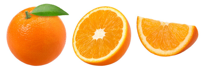 Orange fruit with leaves, half and slices isolated,  transparent PNG, PNG format