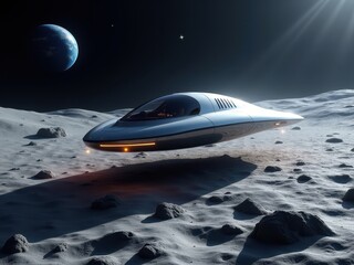 Obraz premium Futuristic passenger spacecraft hovers over lunar landscape under the glow of Earth and distant stars