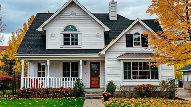 A charming and traditional American white suburban home with a pitched roof stands amid bright fall foliage. Concept of warm neighborhood living, peaceful atmosphere, and inviting seasonal scenery.
