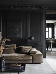 Dark Living Room With Brown Sofa And Ornate Molding