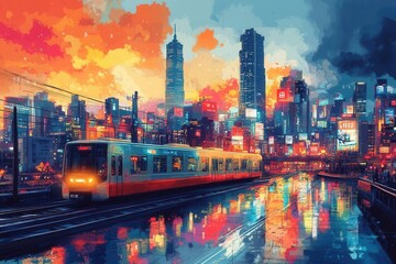 futuristic cityscape illustrated in pop art style, showcasing vibrant colors and bold graphic designs, capturing the essence of innovation and urban life in a lively composition