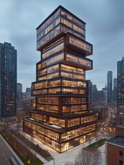 Modern, stacked glass and bronze office building at dusk.