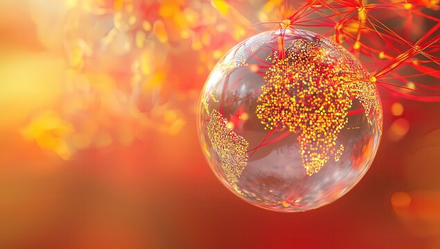 A transparent Earth suspended with interwoven red and yellow glowing digital threads, symbolizing global connectivity