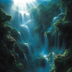 Serene Waterfall Gorge: A Dreamlike, Lush Landscape Painting
