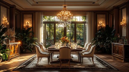 Luxurious Dining Room Interior Design  Golden Chandelier   Tropical View