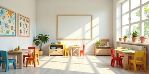 Bright and airy classroom design featuring colorful furniture and educational alphabet charts