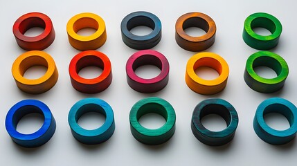 Colorful wooden rings arranged in a grid pattern on a white background.