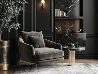 Luxurious Dark Interior Design Featuring Velvet Chair