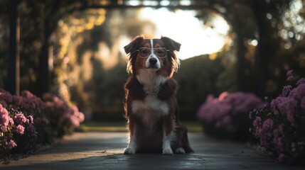 Obraz premium Adorable dog in metal glasses enjoying a spring garden stroll at sunset