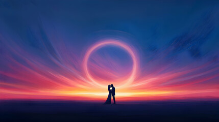 Romantic sunset kiss beachside digital artwork colorful sky silhouette view love and connection