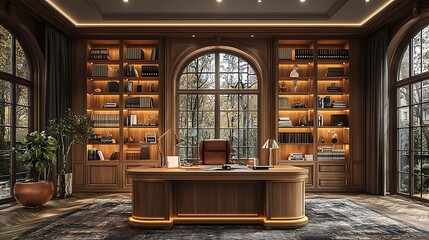 Luxurious Home Office Interior Design with Bookshelves and Autumn View