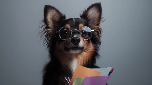 Adorable dog wearing glasses holding colorful papers for creative work theme