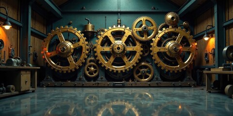 Obraz premium Intricate Golden Gears in a Mysterious Workshop Setting