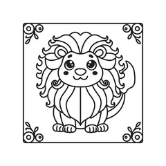 Black And White Coloring Page With Bold Lines, Cute Animal Lion