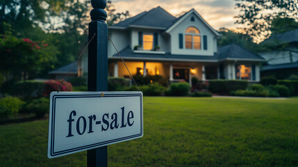 House for sale. A stunning real estate photograph of a suburban home with a "for-sale" sign in the yard, indicating that the property has already been sold