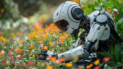 A humanoid robot gently explores a vibrant flower garden, showcasing the intersection of nature and technology in a serene outdoor environment.