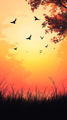 silhouette of autumn grass in early morning with birds in sunrise sky background
