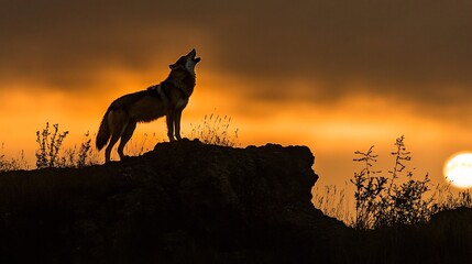 Silhouetted wolf howling at sunrise atop a rocky outcrop.
