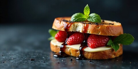 A delectable toasted bread sandwich filled with ripe strawberries and creamy cheese, drizzled with a rich dark sauce and garnished with fresh mint leaves