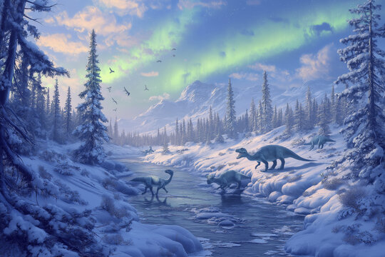 Dinosaurier unter dem Polarlicht in einer winterlichen Landschaft

