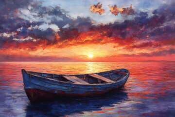 Fototapeta premium Lonely wooden boat floating on calm water during sunset