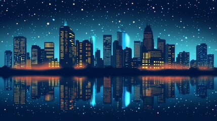 Night cityscape reflected in water, with glowing buildings and a starry sky.