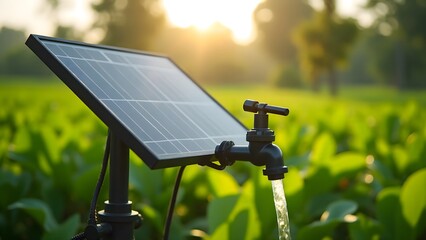 Solar Powered Water Tap in Lush Green Field Sunset Background