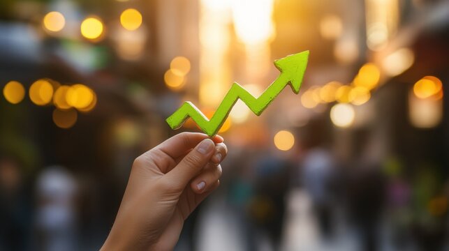 Hand Holding Green Arrow Signifying Growth and Progress in a Blurred Urban Background
