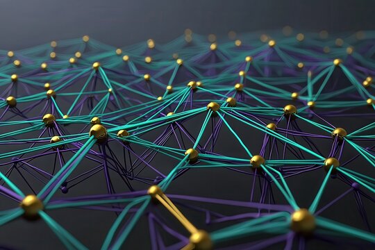 A web of interconnected turquoise and gold lines weaving through dark violet nodes, all set against a dark grey background
