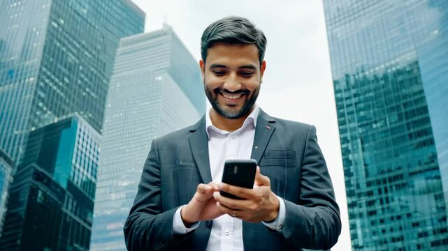 A smiling Caucasian businessman with a smartphone in the center of the city's business district. Good news. This cheerful businessman enjoys a moment of success, smartphone in hand.
