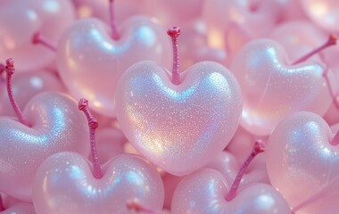 Fototapeta premium A row of pink cherries with glitter on them. The cherries are arranged in a heart shape