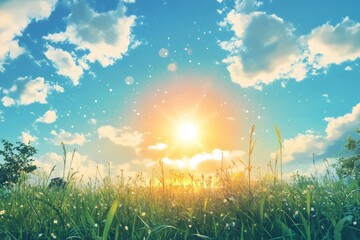 Radiant sunrise over dewy meadow with clear sky