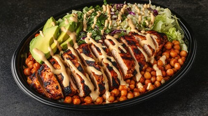 Grilled Chicken Salad with Chickpeas and Fresh Vegetables Drizzled with Sauce