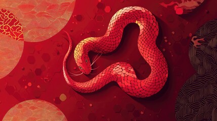 Obraz premium Chinese new year year of the Snake. Red Snake illustration and design. Red traditional Chinese vector designs with snakes. Lunar new year concept, geometric modern vector design. Copy sapce.